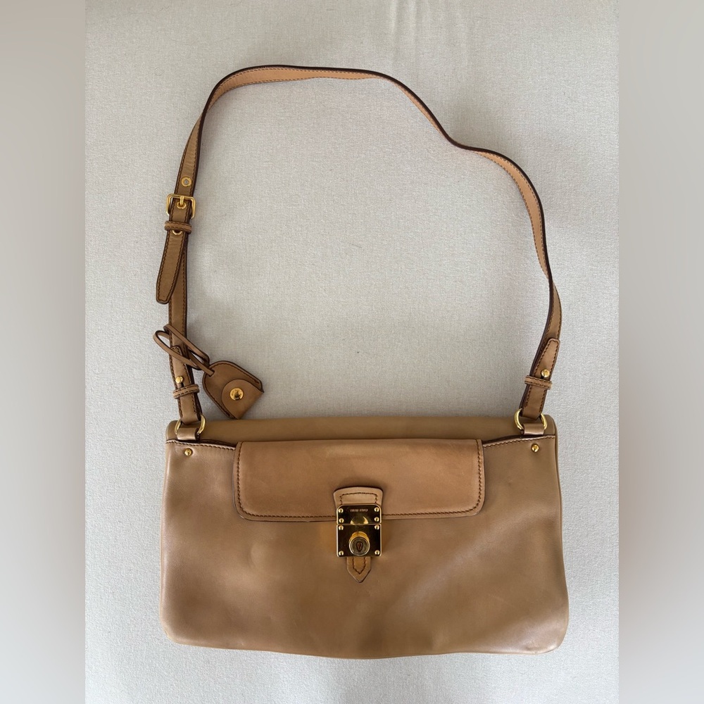 Miu Miu foldover crossbody vitello leather bag tan beige - Picture 3 of 16